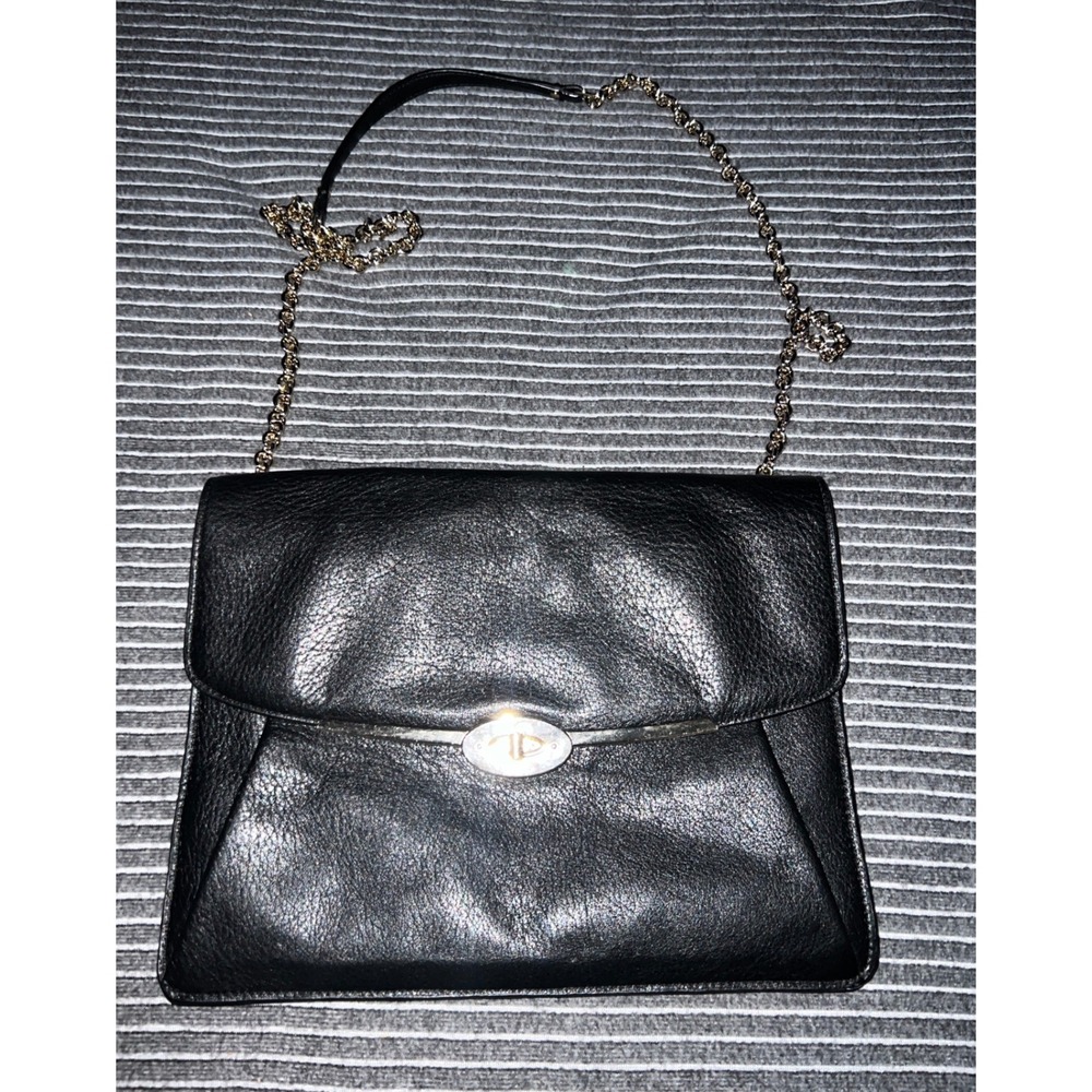 Coach Madison Black Pebbled Leather Chain Shoulder Bag Gold Turnlock Handbag